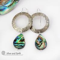 Sterling Silver Hoop Earrings with Dangling Abalone Shells - Paua Shell Jewelry