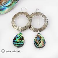 Sterling Silver Hoop Earrings with Dangling Abalone Shells - Paua Shell Jewelry