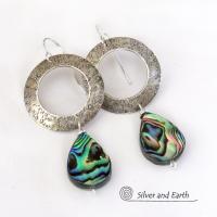 Sterling Silver Hoop Earrings with Dangling Abalone Shells - Paua Shell Jewelry