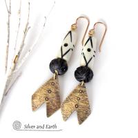 Brass Chevron Earrings with African Carved Bone - Boho African Tribal Jewelry