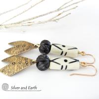 Brass Chevron Earrings with African Carved Bone - Boho African Tribal Jewelry