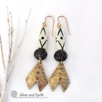 Brass Chevron Earrings with African Carved Bone - Boho African Tribal Jewelry