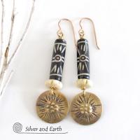 Brass Earrings with African Batik & Carved Bone - Boho Tribal African Jewelry