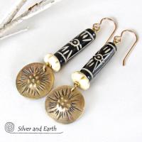 Brass Earrings with African Batik & Carved Bone - Boho Tribal African Jewelry