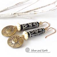 Brass Earrings with African Batik & Carved Bone - Boho Tribal African Jewelry