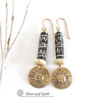 Brass Earrings with African Batik & Carved Bone - Boho Tribal African Jewelry