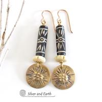 Brass Earrings with African Batik & Carved Bone - Boho Tribal African Jewelry