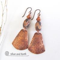 Copper Tribal Earrings with Etched African Agate Stones - Unique Boho Jewelry