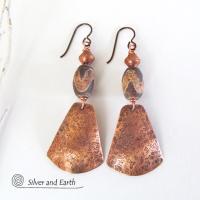 Copper Tribal Earrings with Etched African Agate Stones - Unique Boho Jewelry