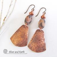Copper Tribal Earrings with Etched African Agate Stones - Unique Boho Jewelry