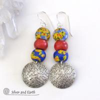 African Glass Bead Sterling Silver Earrings with Coral - Colorful Boho Jewelry