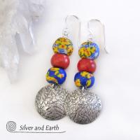 African Glass Bead Sterling Silver Earrings with Coral - Colorful Boho Jewelry