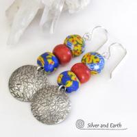 African Glass Bead Sterling Silver Earrings with Coral - Colorful Boho Jewelry