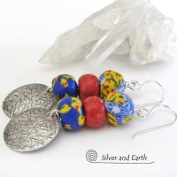 African Glass Bead Sterling Silver Earrings with Coral - Colorful Boho Jewelry