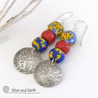 African Glass Bead Sterling Silver Earrings with Coral - Colorful Boho Jewelry