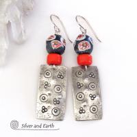 Sterling Silver Earrings with Colorful Hand Painted African Trade Beads