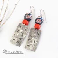 Sterling Silver Earrings with Colorful Hand Painted African Trade Beads
