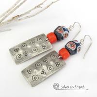 Sterling Silver Earrings with Colorful Hand Painted African Trade Beads