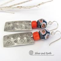Sterling Silver Earrings with Colorful Hand Painted African Trade Beads