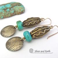 African Tribal Brass Earrings with Turquoise - Bold Exotic Ethnic Tribal Jewelry