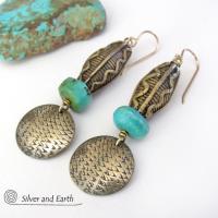 African Tribal Brass Earrings with Turquoise - Bold Exotic Ethnic Tribal Jewelry