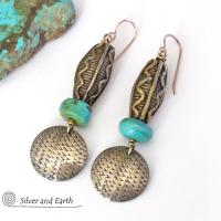 African Tribal Brass Earrings with Turquoise - Bold Exotic Ethnic Tribal Jewelry