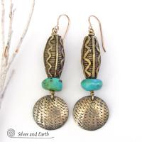 African Tribal Brass Earrings with Turquoise - Bold Exotic Ethnic Tribal Jewelry