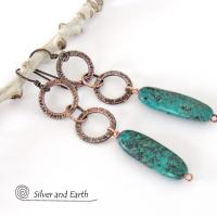 Long Copper Chain Earrings with Dangling Natural African Turquoise Stones