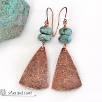 Textured Copper Dangle Earrings with African Turquoise - Boho Chic Jewelry