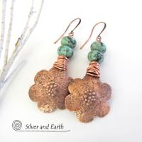 Copper Flower Earrings with African Turquoise Stones - Nature Jewelry
