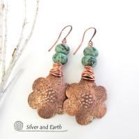 Copper Flower Earrings with African Turquoise Stones - Nature Jewelry