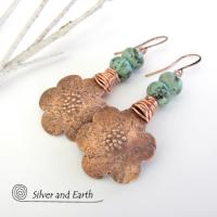 Copper Flower Earrings with African Turquoise Stones - Nature Jewelry