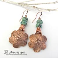 Copper Flower Earrings with African Turquoise Stones - Nature Jewelry