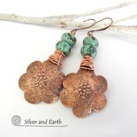 Copper Flower Earrings with African Turquoise Stones - Nature Jewelry