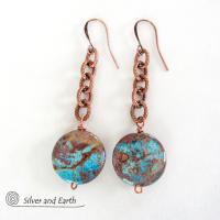 Copper Chain Earrings with Dangling Aqua Jasper Stones- Natural Stone Jewelry