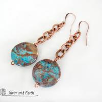 Copper Chain Earrings with Dangling Aqua Jasper Stones- Natural Stone Jewelry