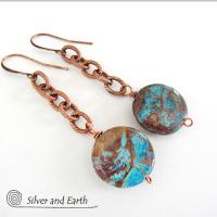 Copper Chain Earrings with Dangling Aqua Jasper Stones- Natural Stone Jewelry