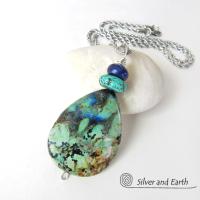 Azurite Malachite Stone Pendant Necklace - Natural Semiprecious Stone Jewelry