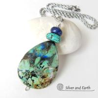 Azurite Malachite Stone Pendant Necklace - Natural Semiprecious Stone Jewelry