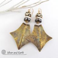 Big Bold Brass Tribal Earrings with African Beads - Ethnic Tribal Jewelry