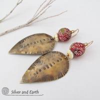 Big Brass Tribal Spear Earrings with African Beads - Bold Exotic Jewelry