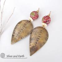 Big Brass Tribal Spear Earrings with African Beads - Bold Exotic Jewelry