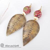 Big Brass Tribal Spear Earrings with African Beads - Bold Exotic Jewelry