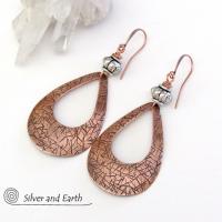 Big Bold Copper Teardrop Hoop Earrings with Silver Beads