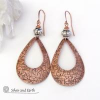 Big Bold Copper Teardrop Hoop Earrings with Silver Beads