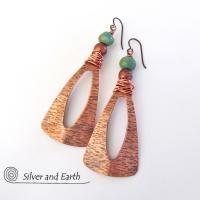 Turquoise & Copper Long Dangle Earrings - Bold Statement Jewelry