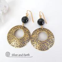 Gold Brass Hoop Earrings with Black Onyx Gemstones - Modern Trendy Jewelry