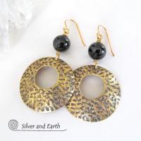 Gold Brass Hoop Earrings with Black Onyx Gemstones - Modern Trendy Jewelry