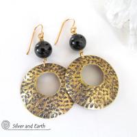 Gold Brass Hoop Earrings with Black Onyx Gemstones - Modern Trend Jewelry