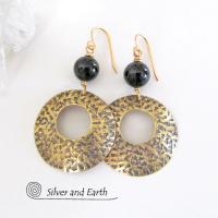 Gold Brass Hoop Earrings with Black Onyx Gemstones - Modern Trend Jewelry
